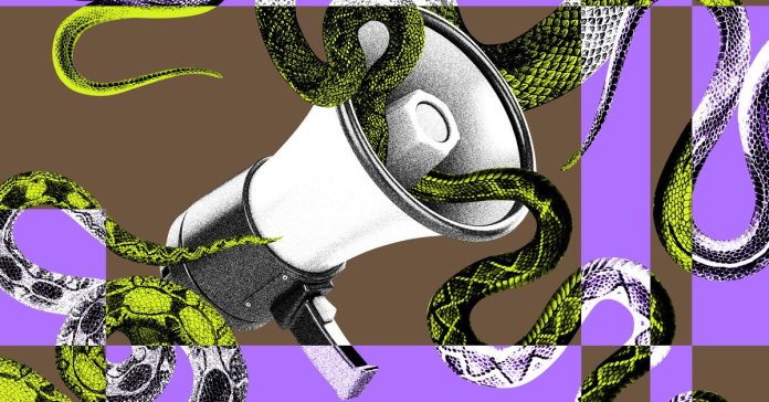 Digital collage of snakes slithering out of a megaphone with a glitchy filter.