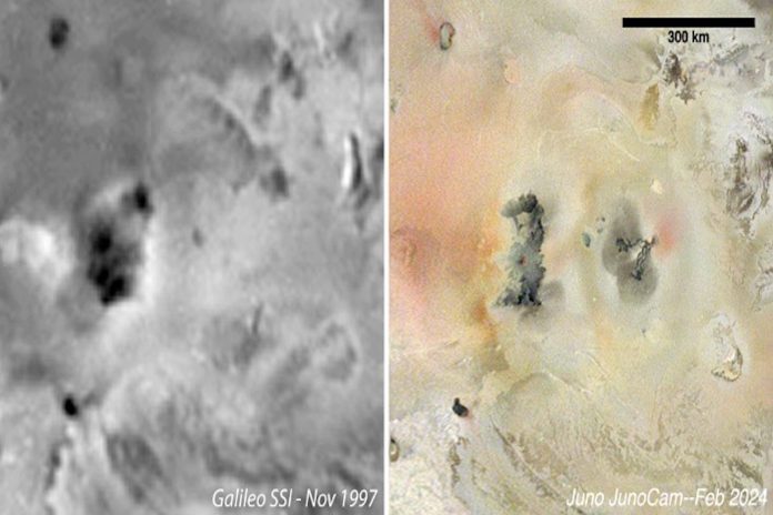 Images show comparison between a region of Io in 1997 and 2024