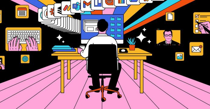 An illustration of a person sitting in front of a computer, surrounded by productivity apps.