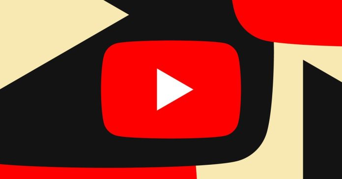 YouTube logo image in red over a geometric red, black, and cream background