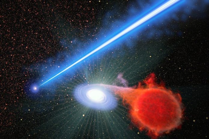 An artist's concept of a black hole jet kicking off a nova. 