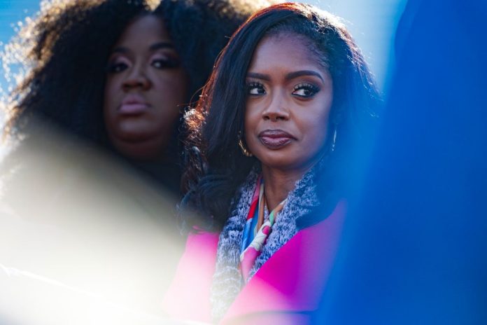 WASHINGTON - MARCH 14: Fearless Fund CEO Arian Simone listens to a speaker during a rally outside the U.S. Supreme Court in Washington, D.C., on Thursday, March 14, 2024. Fearless Fund, a venture-capital firm run by women of color, invests exclusively in tech and consumer goods-based companies owned by women of color. (Photo by Tom Brenner for The Washington Post via Getty Images)