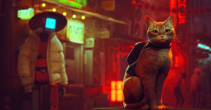 A ginger cat sits atop a crate in a dark neon robot street