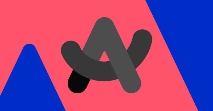 Grayscale Arc logo on pink and blue background.