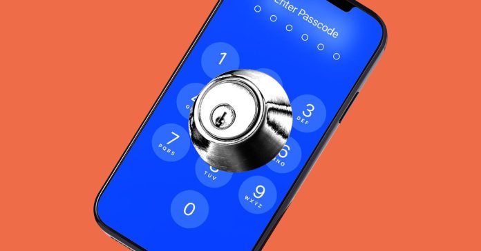 Photo collage of a phone with a deadbolt over the passcode number pad.