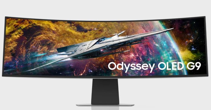 Samsung Odyssey G95SC OLED gaming monitor showing a spaceship.