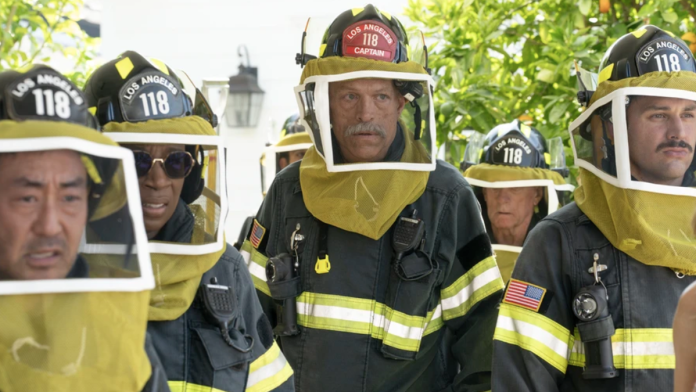 Howie (Kenneth Choi), Hen (Aisha Hinds), Captain Vincent Gerrard (Brian Thompson), Eddie (Ryan Guzman) dressed in beekeeper suits in 9-1-1 season 8