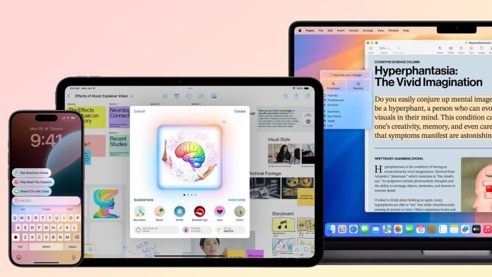 Apple Intelligence features running on an iPhone, iPad and MacBook