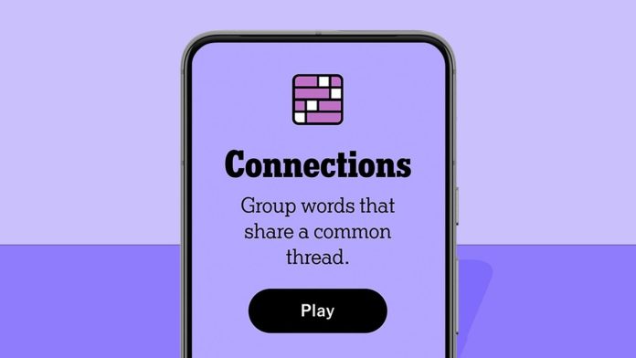 NYT Connections homescreen on a phone, on a purple background