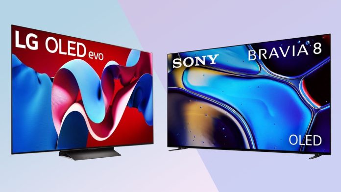 The Sony Bravia 8 vs LG C4 on a colorful background.