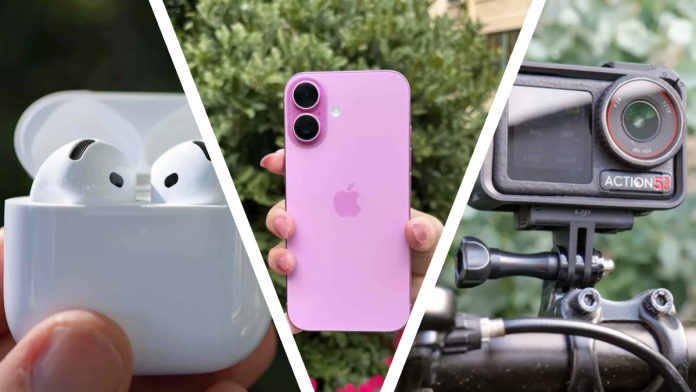 AirPods 4 in their open case, a Pink iPhone 16 and the DJI Action 5 Pro mounted to a bike.