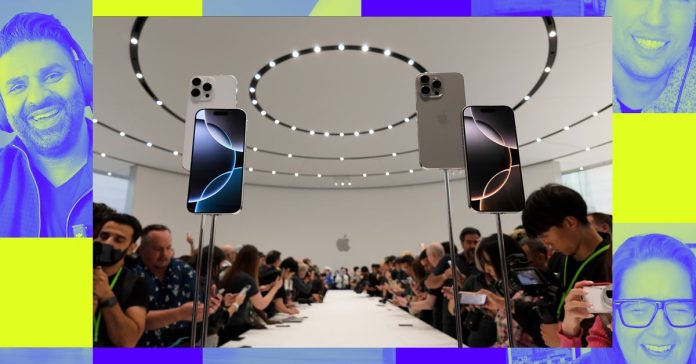 A photo of the iPhone 16 launch event, over top of a Vergecast illustration.