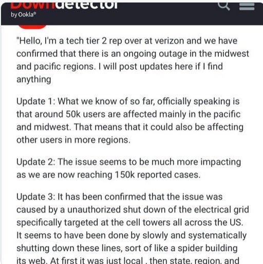 Το μήνυμα στο DownDetector από την υποτιθέμενη τεχνολογία της Verizon δίνει μια ανεπιβεβαίωτη αιτία για τη διακοπή. | Πίστωση εικόνας-Mashable - Ο μη εξουσιοδοτημένος τερματισμός λειτουργίας φέρεται να προκάλεσε διακοπή λειτουργίας της Verizon όπως είναι η υπηρεσία "πλήρως" αποκατασταθεί