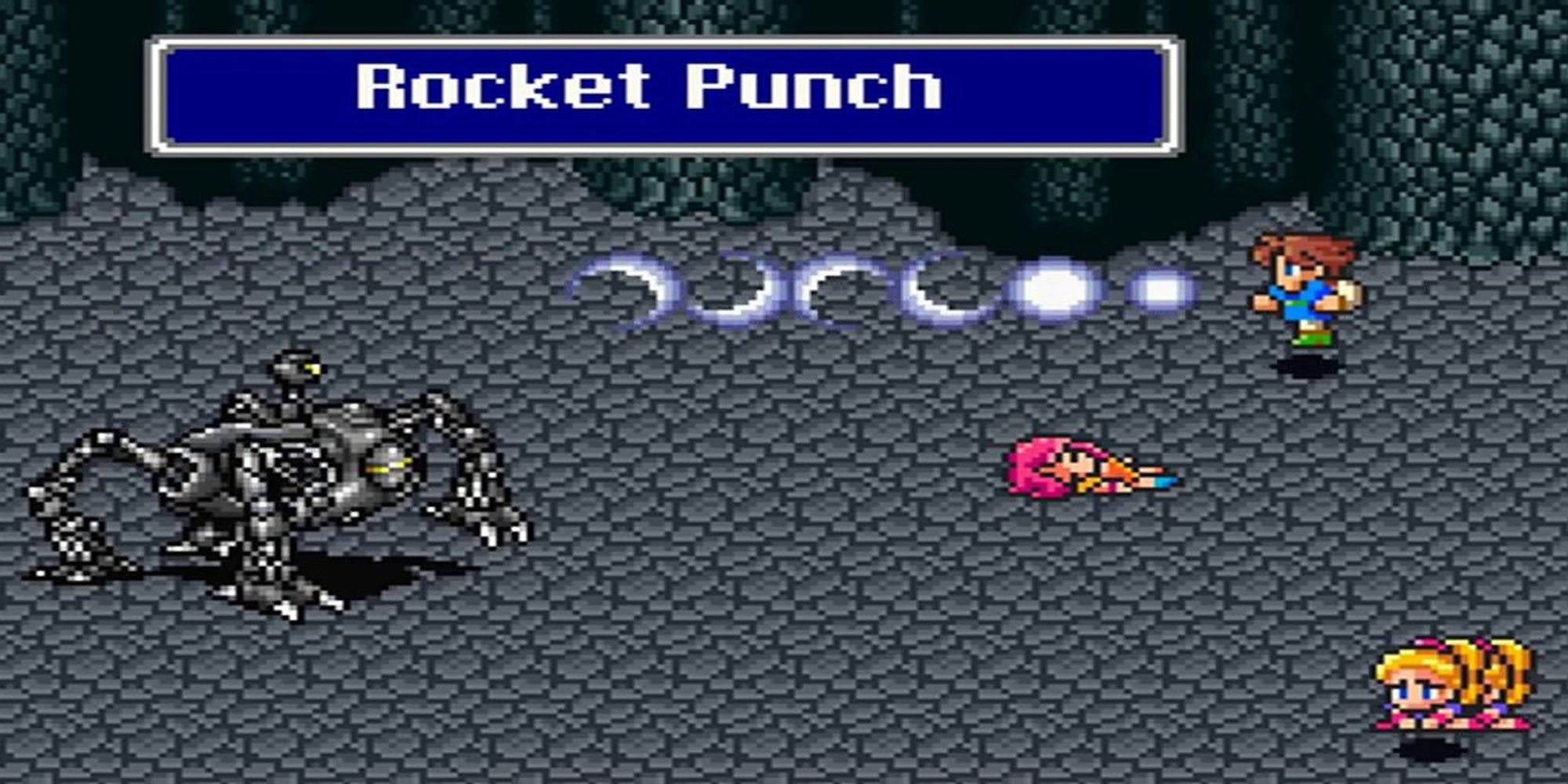 Η μάχη Ωμέγα από το Final Fantasy 5. Χρησιμοποιεί το Rocket Punch στο Bartz. Η Λένα είναι πεσμένη στο έδαφος.