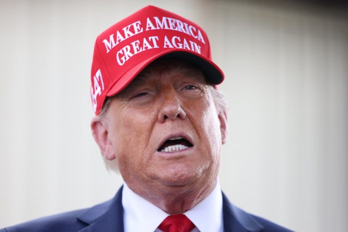 Donald Trump speaking during a hurricane photo-op at Valdosta Regional Airport in Valdosta, Georgia.